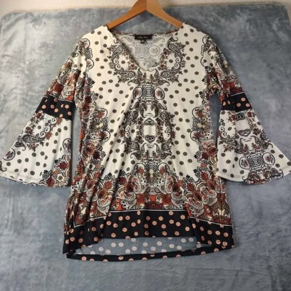 Melissa Paige Women Boho Tunic Top M‎ Paisley Dot Bell Sleeve Stretch Retro
